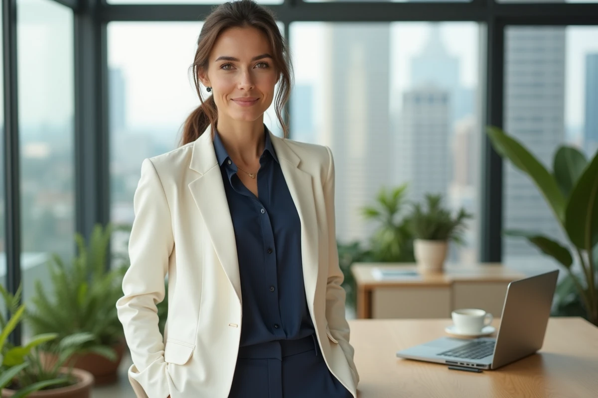 Femme en blazer ivoire et pantalon slim portant une tenue Kiabi chic pour le bureau dans un open space moderne