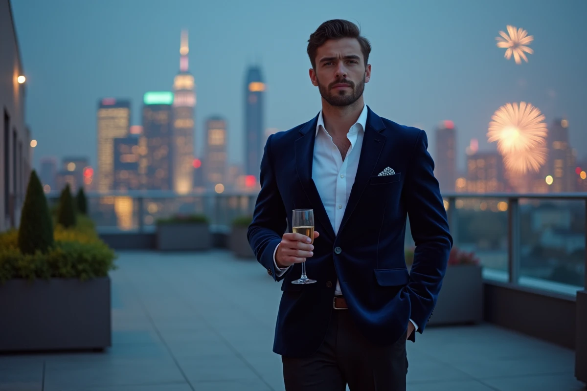 Homme en blazer velours marine pour le réveillon du Nouvel An 2026 sur un rooftop urbain