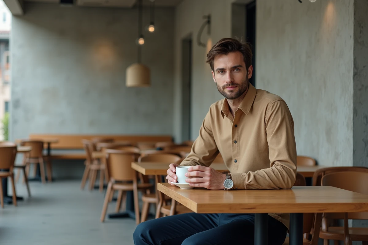 Homme en chemise sable minimaliste 2026 assis dans un café scandinave au style épuré