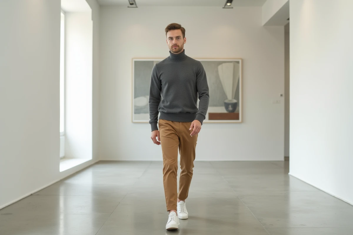 Homme en col roulé gris ardoise et pantalon camel minimaliste 2026 dans une galerie d'art contemporaine