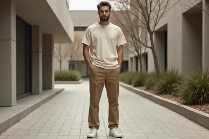 Homme en tenue minimaliste 2026 avec pantalon greige et t-shirt ivoire dans un contexte urbain épuré