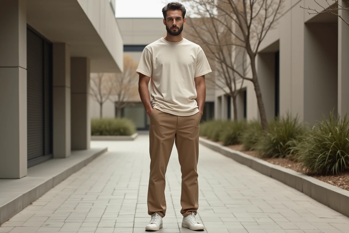 Homme en tenue minimaliste 2026 avec pantalon greige et t-shirt ivoire dans un contexte urbain épuré