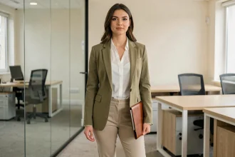 Femme en blazer vert kaki associé à un chemisier blanc et un pantalon beige dans un bureau moderne, look de travail sobre et élégant
