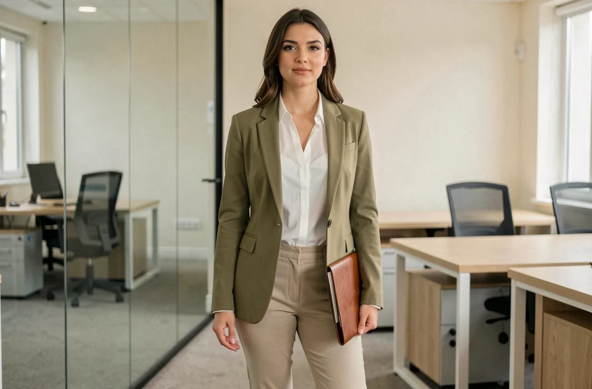 Femme en blazer vert kaki associé à un chemisier blanc et un pantalon beige dans un bureau moderne, look de travail sobre et élégant