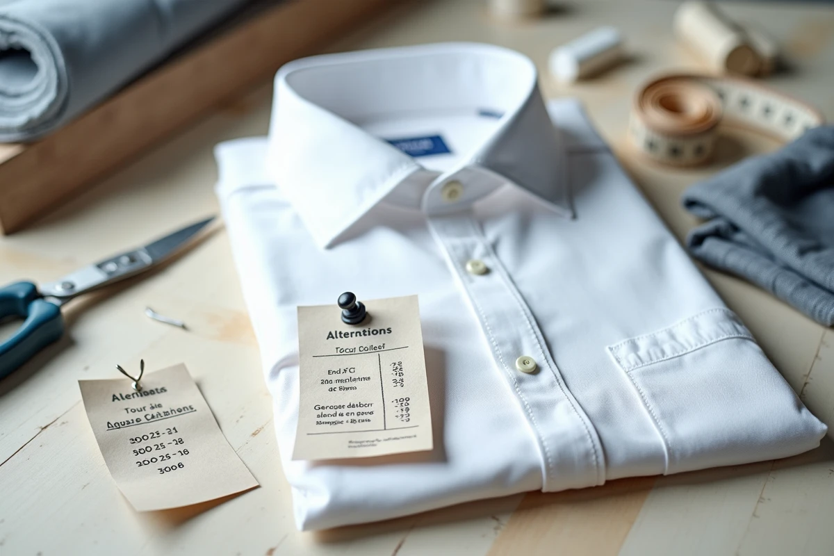 Gros plan d'un ticket de retouche épinglé sur une chemise blanche avec tarifs et délais manuscrits sur établi de tailleur