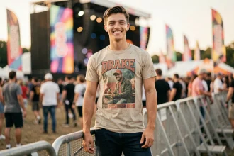 Jeune homme portant un t-shirt Drake vintage lors d'un concert en plein air, style festival tendance