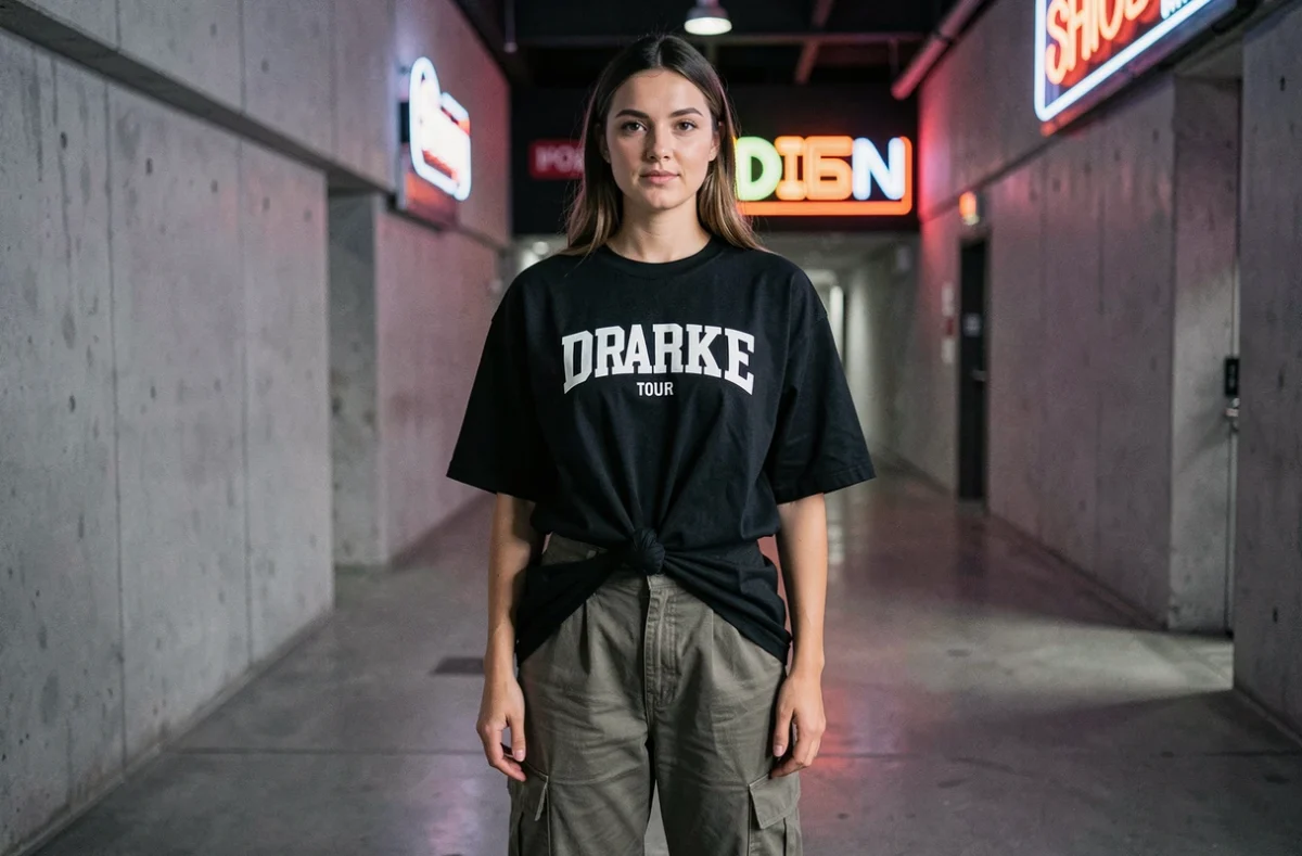 Femme stylée en t-shirt Drake oversize noué à la taille dans un couloir de salle de concert