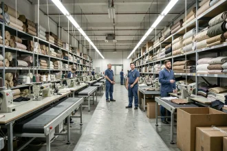 Atelier de confection Zara avec machines à coudre industrielles et stocks de vêtements invendus empilés sur des étagères métalliques