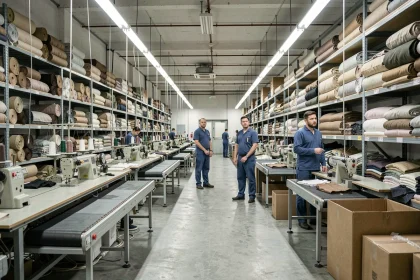 Atelier de confection Zara avec machines à coudre industrielles et stocks de vêtements invendus empilés sur des étagères métalliques