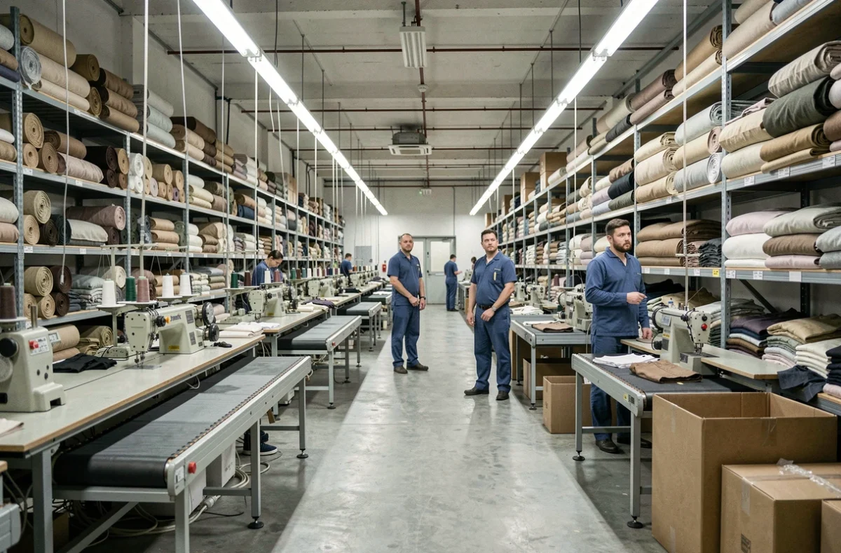 Atelier de confection Zara avec machines à coudre industrielles et stocks de vêtements invendus empilés sur des étagères métalliques
