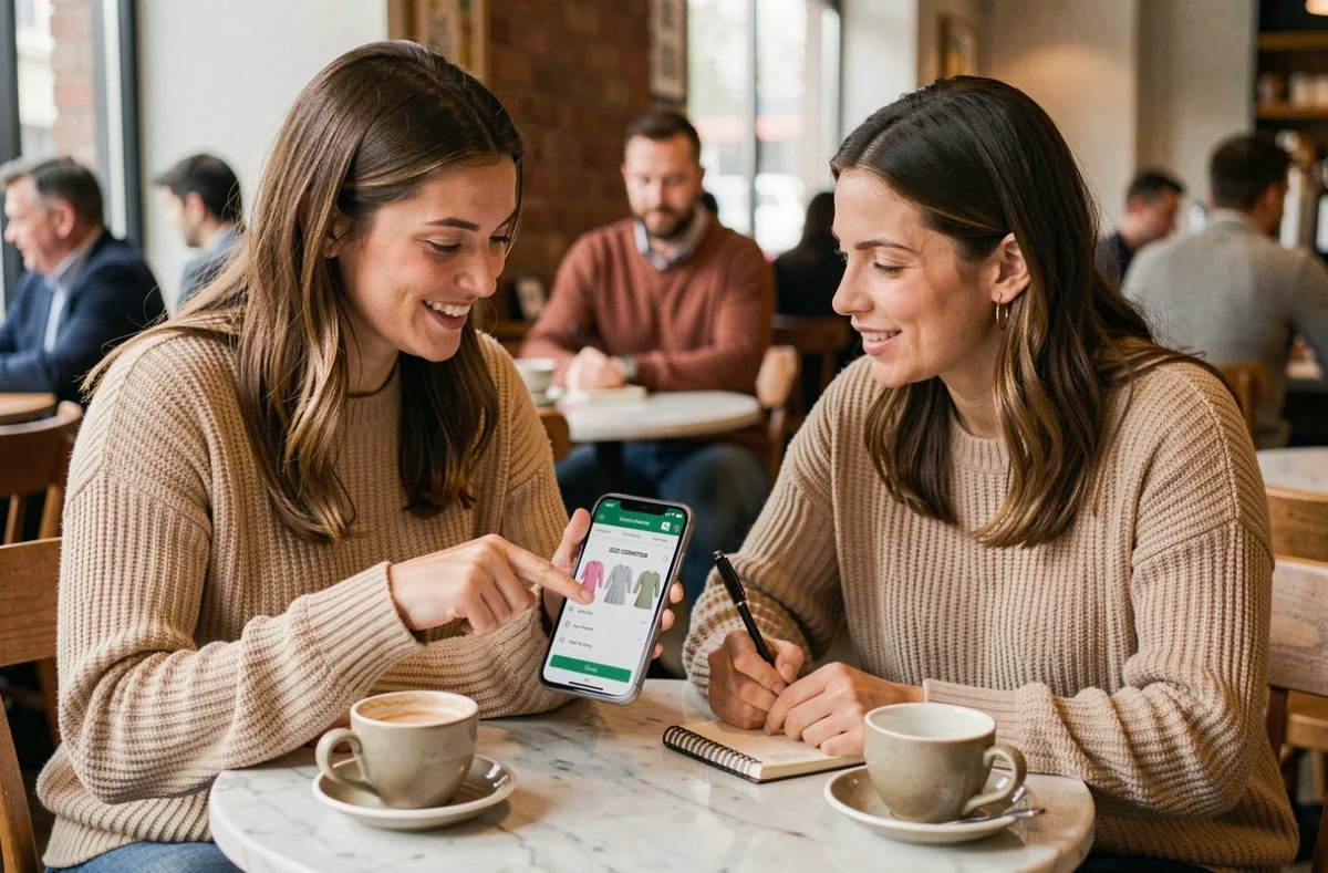 Deux femmes dans un café utilisant un convertisseur de tailles vestimentaires sur smartphone pour commander sur une boutique étrangère