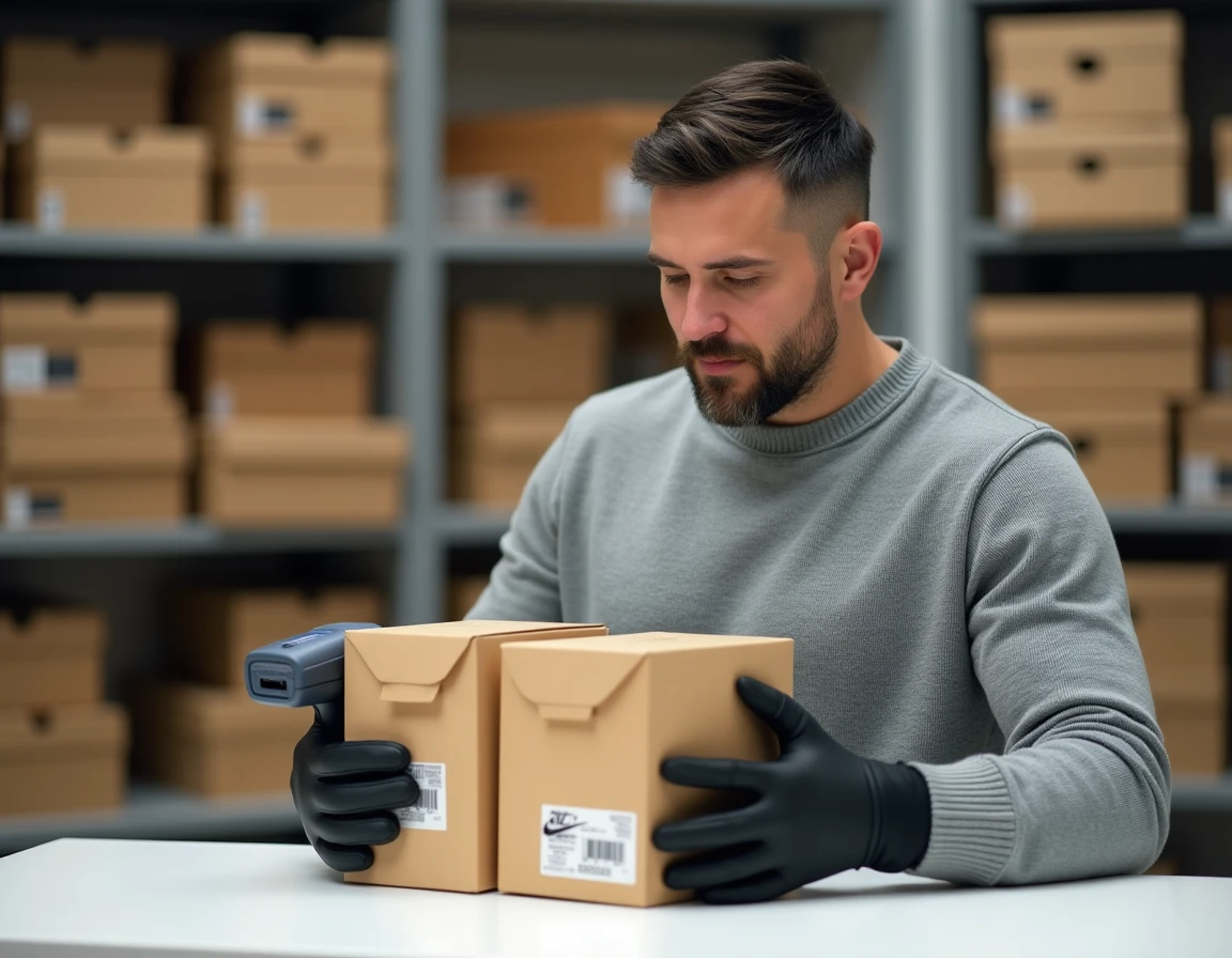 Spécialiste en authentification comparant deux codes UPC sur des boîtes Nike dans un entrepôt de vente au détail
