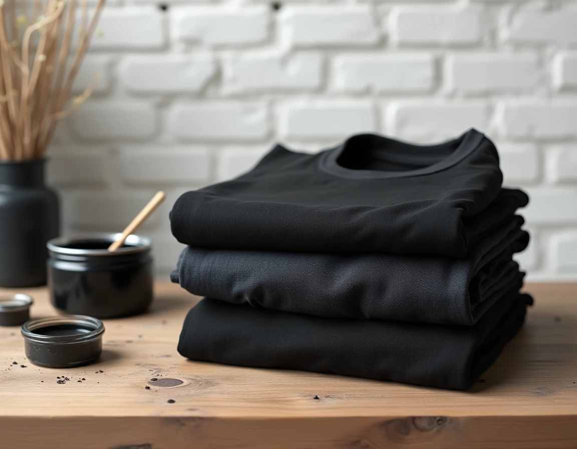 Vêtements teints en noir soigneusement pliés à côté d'accessoires de teinture textile sur bois brut