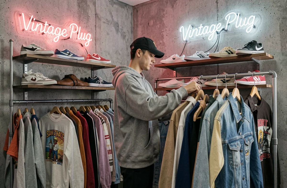 Boutique Vintage Plug avec des vêtements streetwear des années 90, des baskets vintage et une décoration urbaine brute