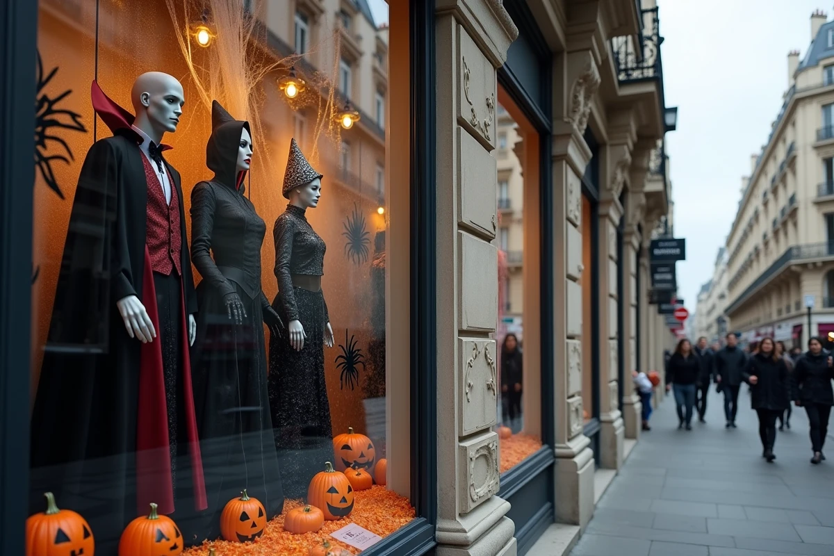 Vitrine d'une boutique de déguisements Halloween à Paris avec mannequins costumés, citrouilles et décors effrayants sur fond de façade haussmannienne