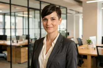 Femme professionnelle avec coupe courte pixie brune portant un blazer tailleur gris anthracite dans un bureau moderne