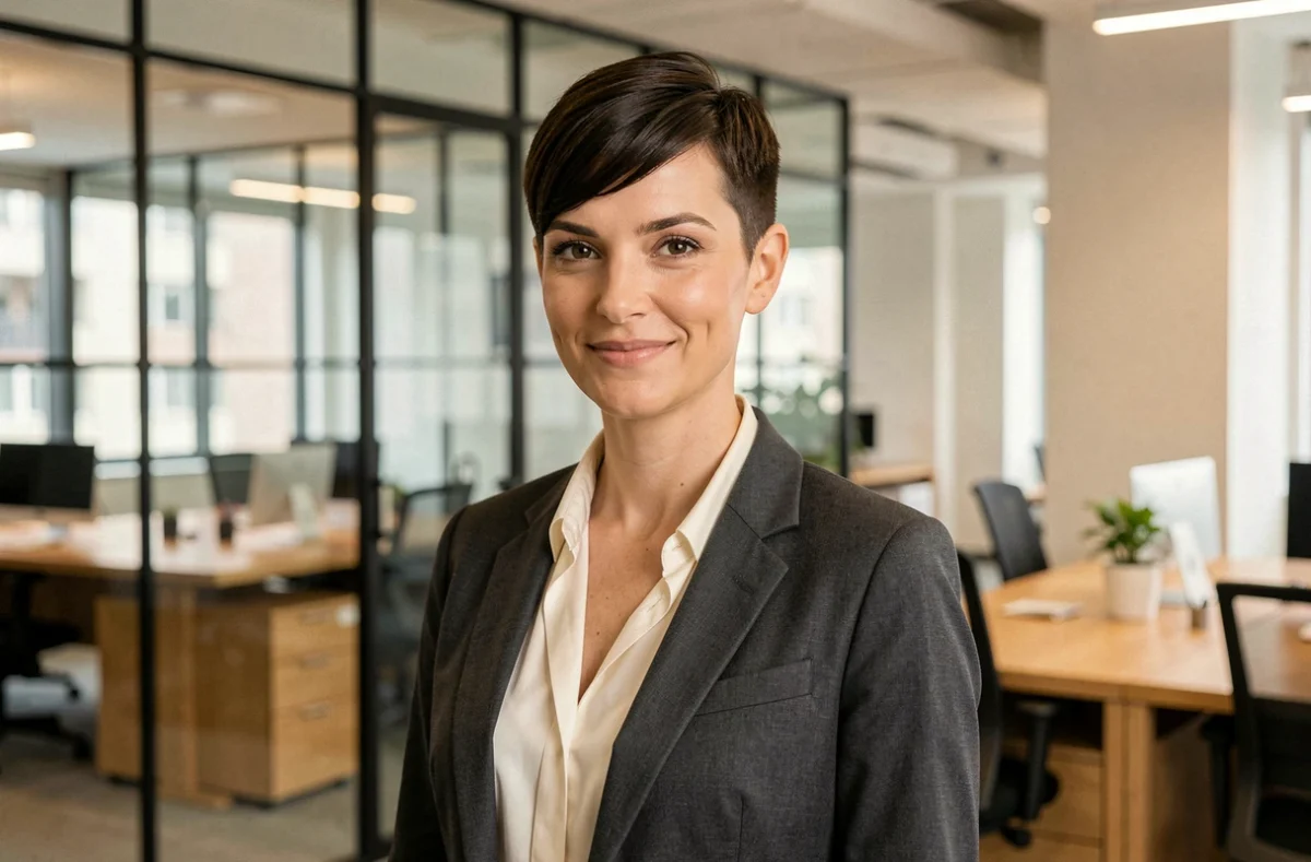 Femme professionnelle avec coupe courte pixie brune portant un blazer tailleur gris anthracite dans un bureau moderne
