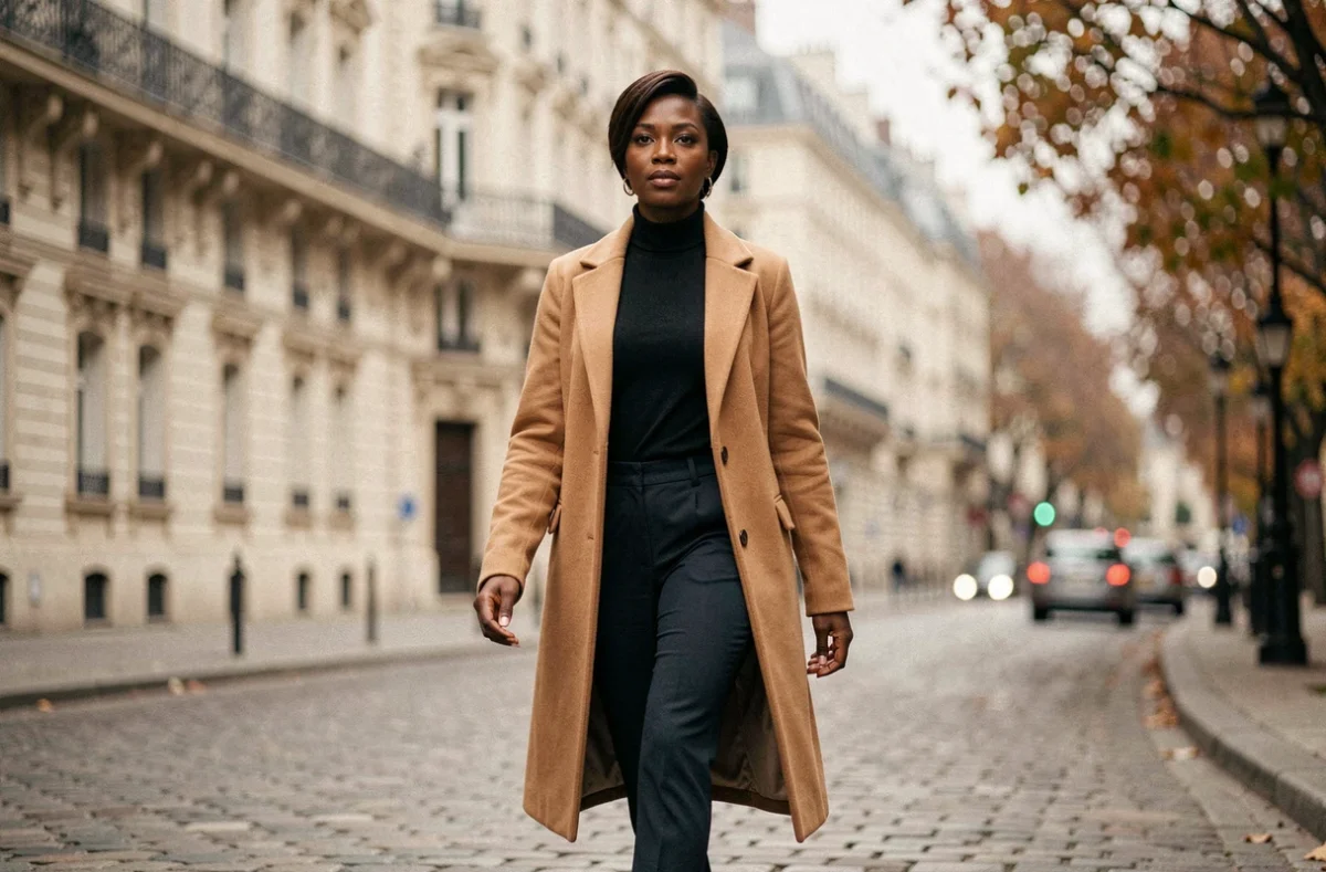 Femme noire avec coupe courte affinée en manteau camel marchant avec assurance dans une rue parisienne haussmannienne
